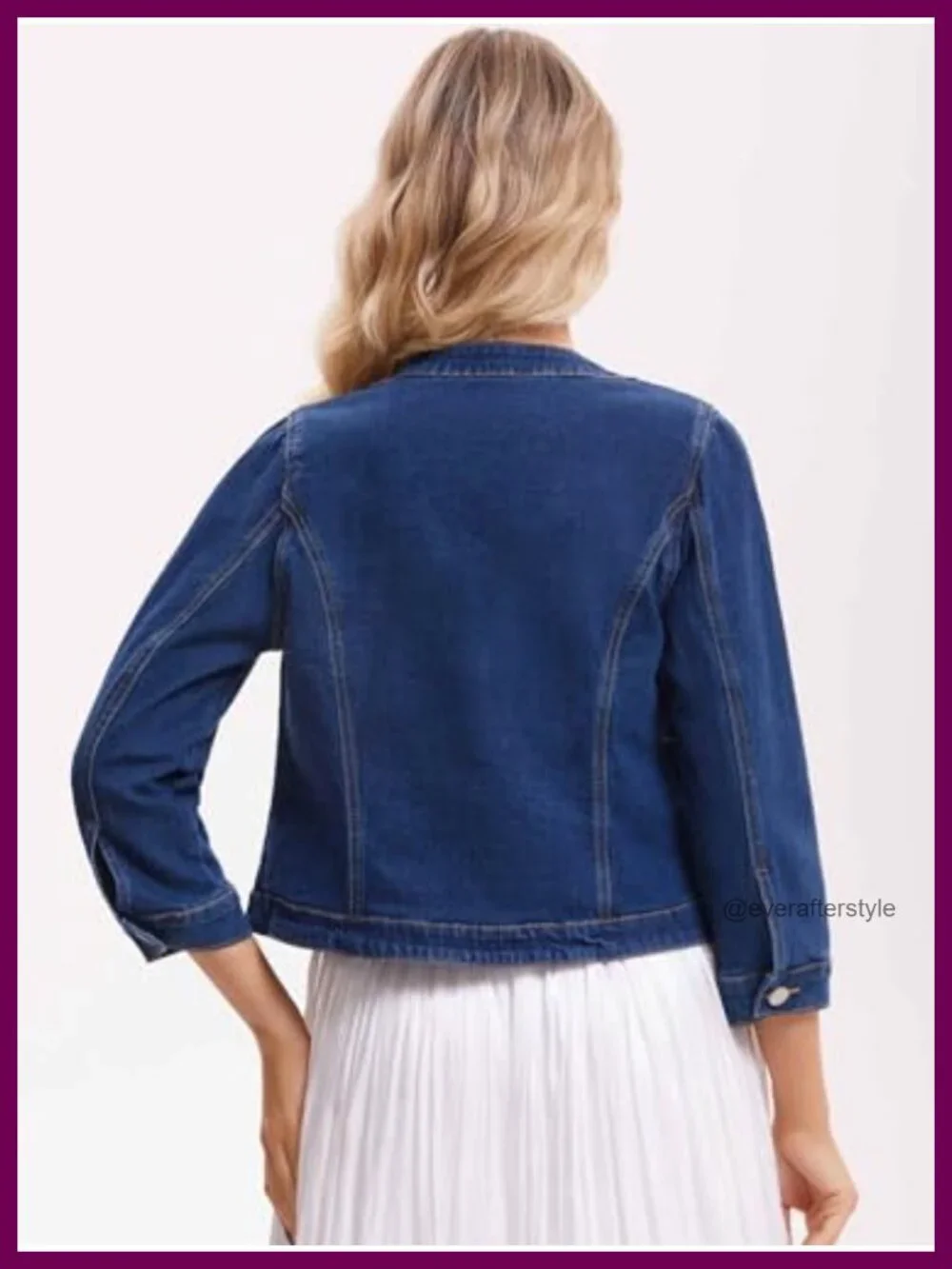 Collarless Denim Jacket 3/4 Sleeve Button Down Washed Jean Jacket
